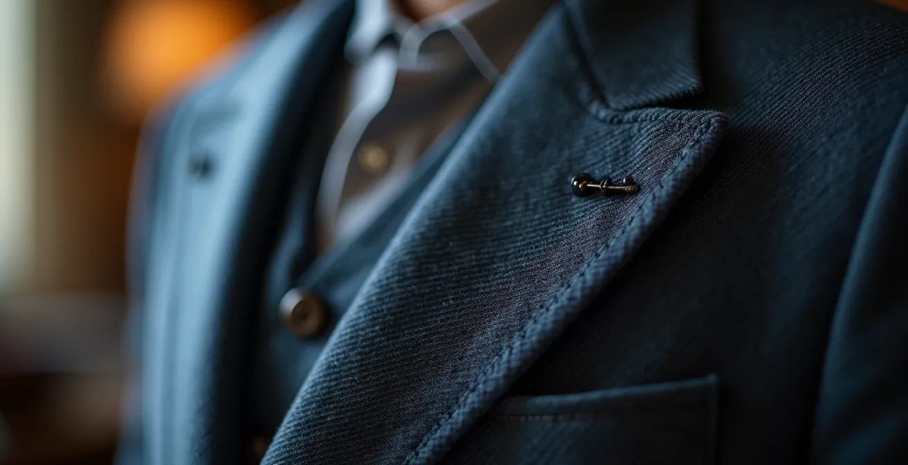 Nahaufnahme auf hochwertige Details eines Blazers wie handgenähte Knopflöcher, natürliche Knöpfe und feine Nähte.