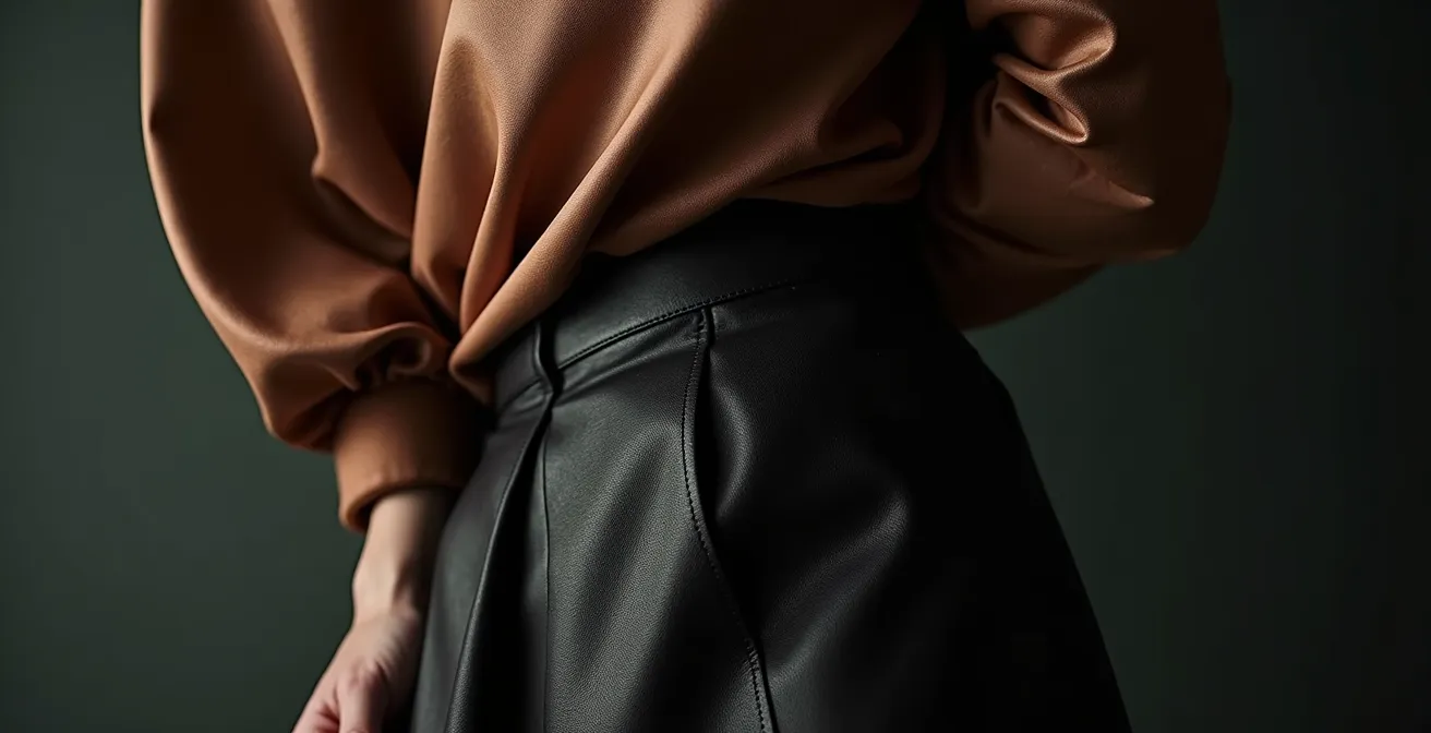 Balance zwischen kräftigen und fließenden Stoffen in einem Outfit, dargestellt an Models