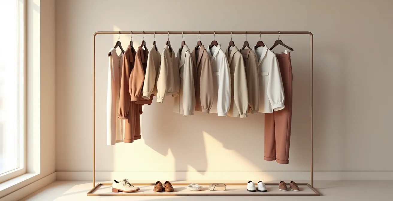 Visuelle Darstellung einer minimalistischen, vielseitigen und nachhaltigen Garderobe mit ausgewählten Kleidungsstücken
