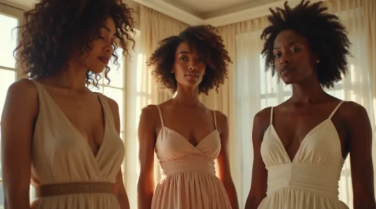 Frauen in verschiedenen figurbetonten Outfits, die ihre Silhouetten elegant betonen