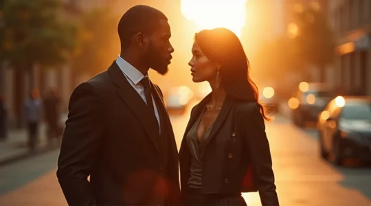 Eine elegante Frau und ein selbstbewusster Mann in stilvoller Kleidung, die Stärke und Anmut ausstrahlen