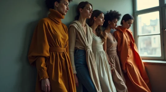 Eine moderne und stilvolle Darstellung von Lagenlooks, die eine dynamische Mode-Komposition mit verschiedenen Stoffschichten zeigt.