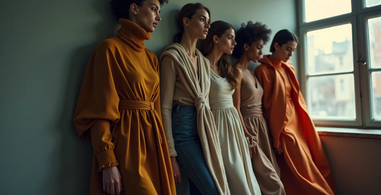 Eine moderne und stilvolle Darstellung von Lagenlooks, die eine dynamische Mode-Komposition mit verschiedenen Stoffschichten zeigt.