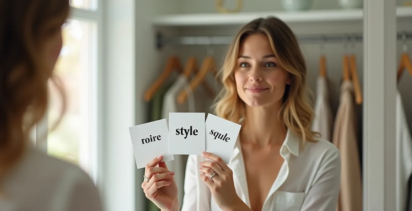 Visuelle Darstellung der Drei-Wort-Methode zur Stilfindung mit Stilwörtern und Outfit-Beispielen