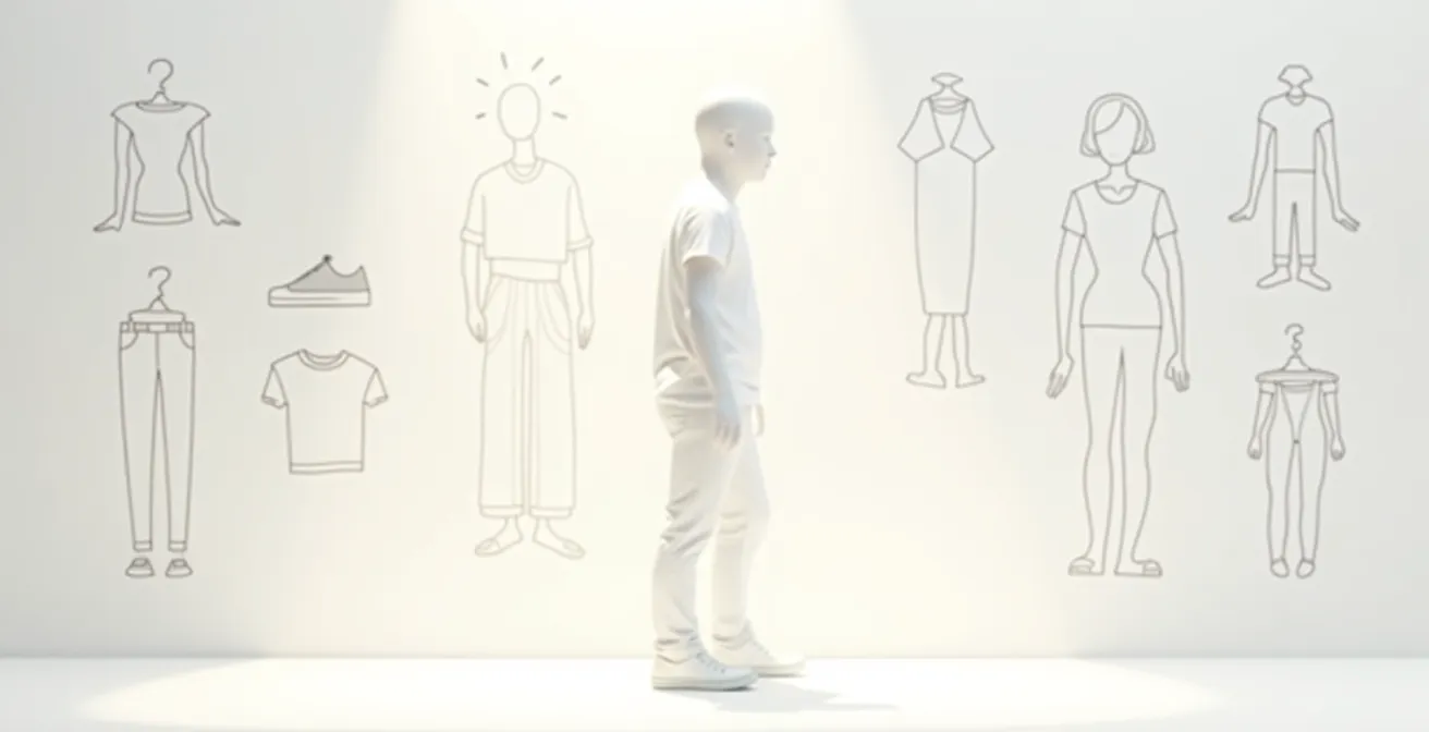 Grafische Checkliste, die gängige, aber oft unpassende Basic-Teile wie ein schlecht sitzendes weißes T-Shirt oder einen unvorteilhaften Trenchcoat darstellt.