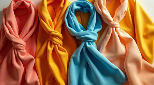 Ein elegantes Mode-Stillleben zeigt die Harmonie aus gewagten Farbkombinationen und Mustern in einem künstlerisch arrangierten Kleidungsensemble