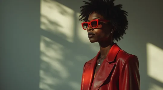 Silhouette einer Person, die sich in leuchtenden, unkonventionellen Kleidungsstücken selbstbewusst dreht, vor einem minimalistischen Hintergrund