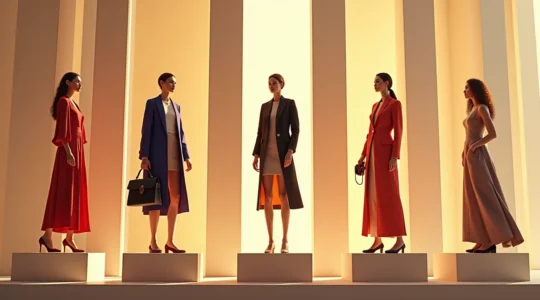 Symbolische Darstellung der fünf Säulen eines persönlichen modischen Stils mit abstrakten menschlichen Figuren und Modeelementen