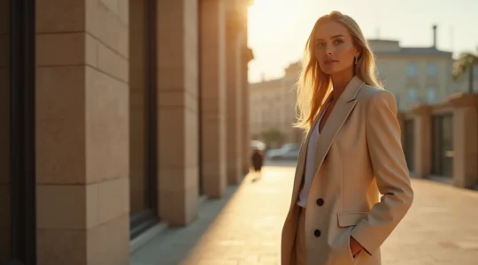 Eine elegante, raffinierte Modefigur in einem minimalistischen, hochwertigen Outfit, die Anmut und Stil ausdrückt.