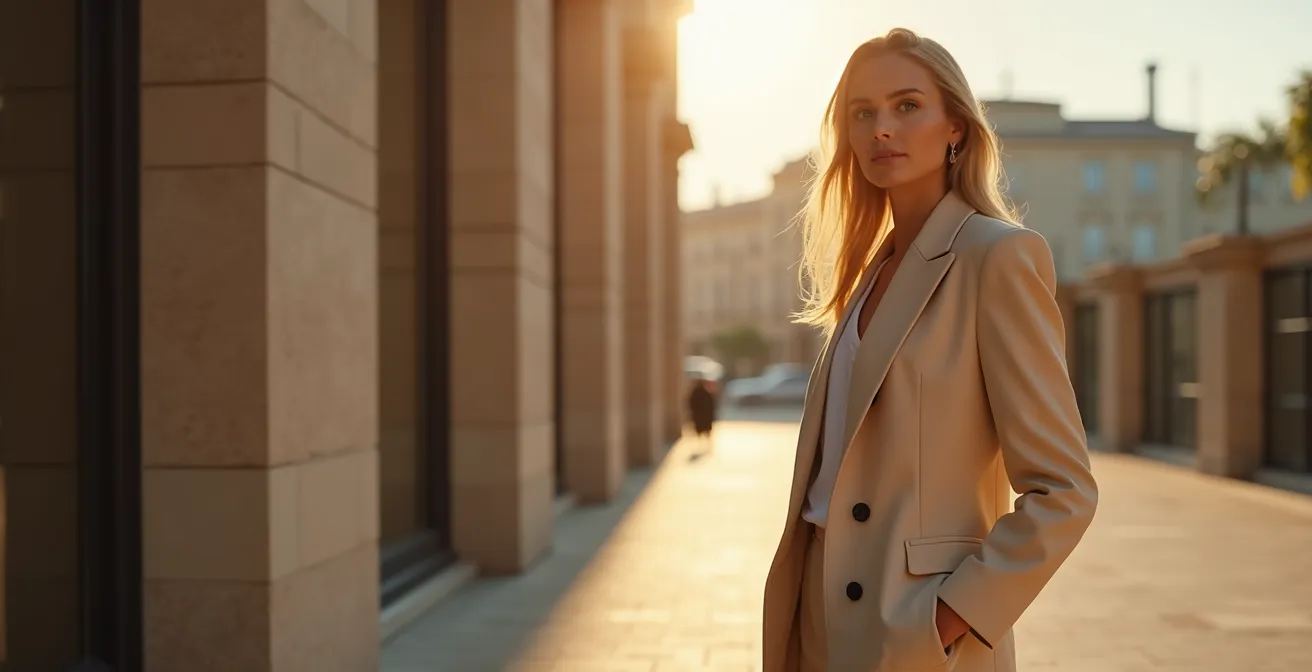 Eine elegante, raffinierte Modefigur in einem minimalistischen, hochwertigen Outfit, die Anmut und Stil ausdrückt.