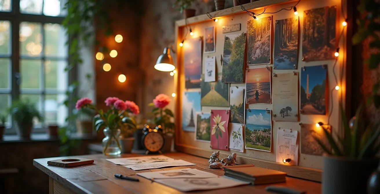 Abstrakte Darstellung eines Moodboards mit Natur-, Architektur- und Farbelementen