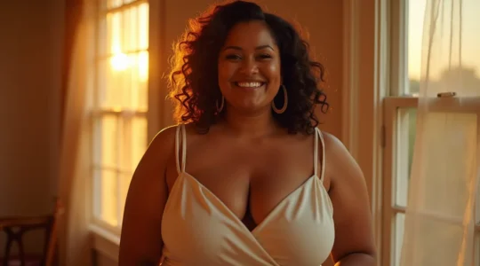 Stilvolle kurvige Frau zeigt selbstbewusst ihre Figur in modischer Kleidung