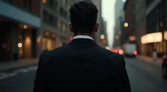 Eine stilvolle Person trägt einen klar geschnittenen, strukturierten Blazer mit eleganten Linien, vermittelt Autorität und Selbstbewusstsein.