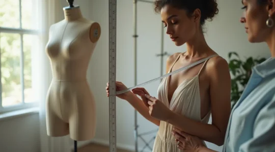 Eine stilvolle Frau, die mit präzisen Messinstrumenten vermessen wird, um maßgeschneiderte Kleidung perfekt auf ihre Figur anzupassen
