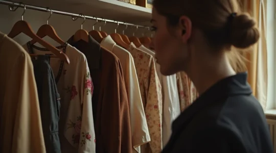 Eine stilvolle Frau, die ihre vielseitige und hochwertige Garderobe mit Accessoires in einem eleganten Raum präsentiert