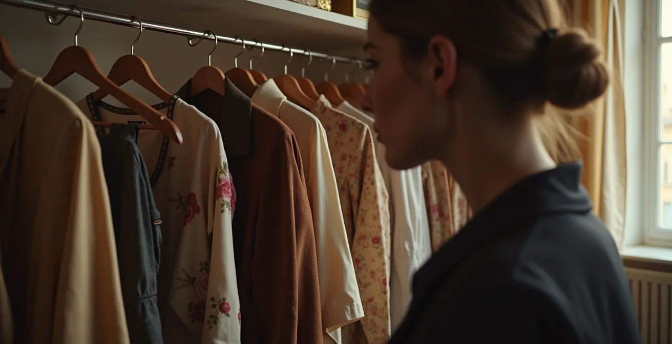 Eine stilvolle Frau, die ihre vielseitige und hochwertige Garderobe mit Accessoires in einem eleganten Raum präsentiert