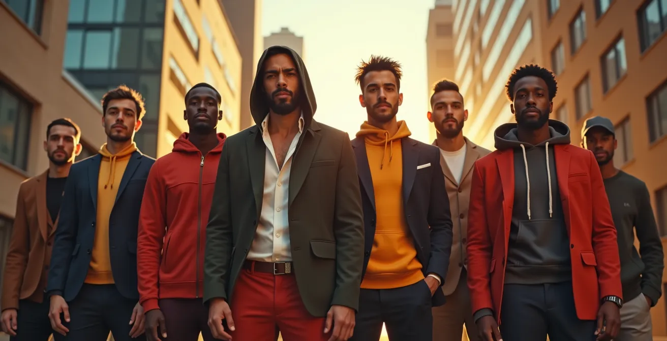 Moderne Männer in verschiedenen stilvollen Outfits, die Freiheit und individuellen Ausdruck zeigen