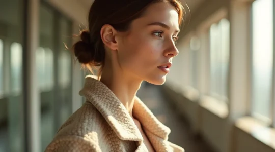 Eine stilvolle Person trägt mehrere Kleidungsschichten aus atmungsaktiven und bequemen Stoffen, die Komfort und Eleganz im Alltag symbolisieren