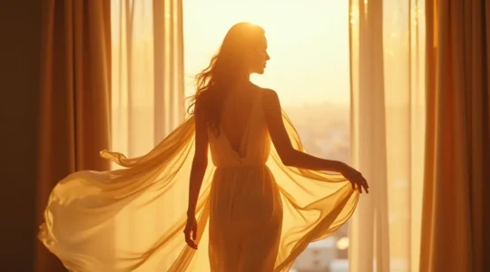 Eine elegante Frau trägt fließende Stoffkleidung, die sich anmutig bewegt und Lebendigkeit ausstrahlt