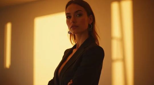 Elegante Frau die bewusst ihre persönlichen Vorzüge durch geschicktes Styling betont und dabei selbstbewusst ausstrahlt