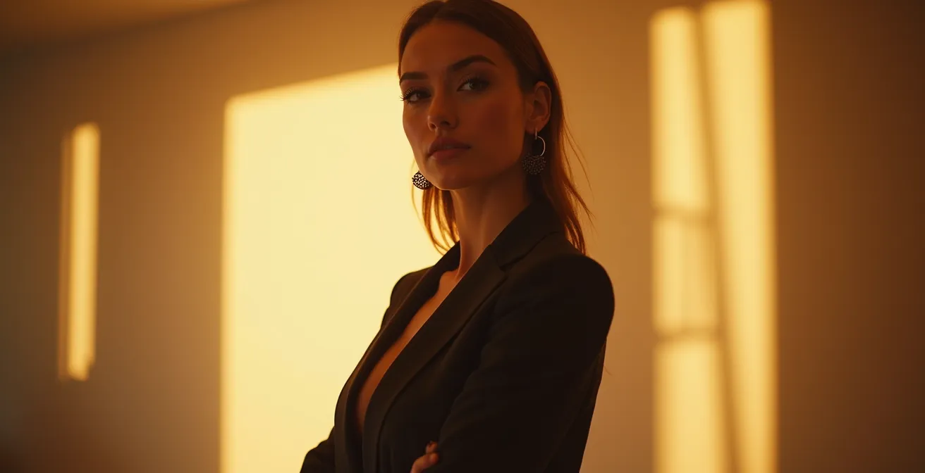 Elegante Frau die bewusst ihre persönlichen Vorzüge durch geschicktes Styling betont und dabei selbstbewusst ausstrahlt