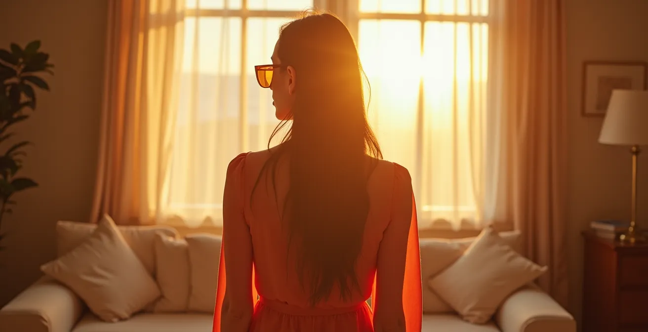 Person testet ein Outfit im Wohnzimmer mit ungewöhnlichen Accessoires