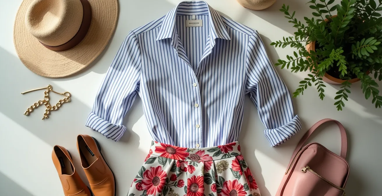 Ein harmonisches Outfit zeigt die gelungene Kombination von Streifenmustern mit floralen Prints durch geschickte Farbabstimmung und Proportionsspiel