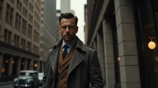 Symbolische Darstellung eines Mannes in klassischer Herrenmode, der selbstbewusst vor einer stilvollen Kulisse steht