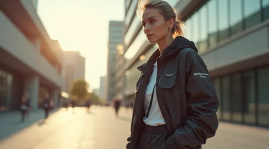 Eine stilvolle, moderne Stadtlandschaft mit einer Person, die selbstbewusst urbane Mode trägt