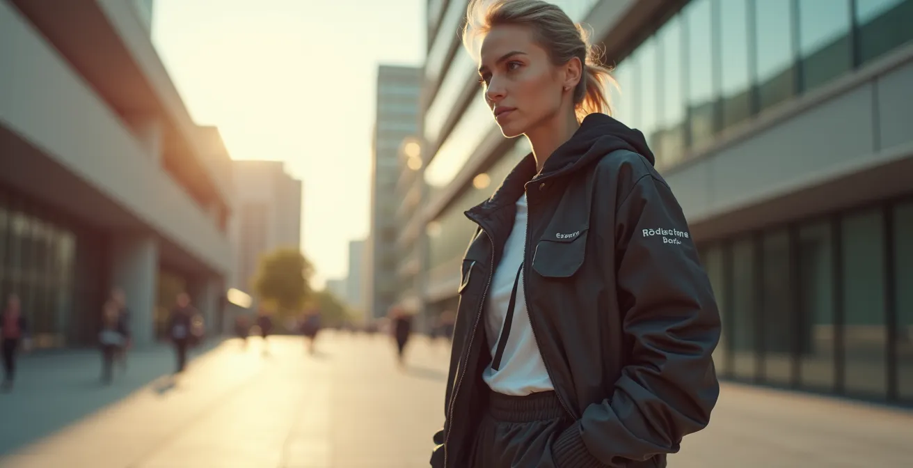 Eine stilvolle, moderne Stadtlandschaft mit einer Person, die selbstbewusst urbane Mode trägt