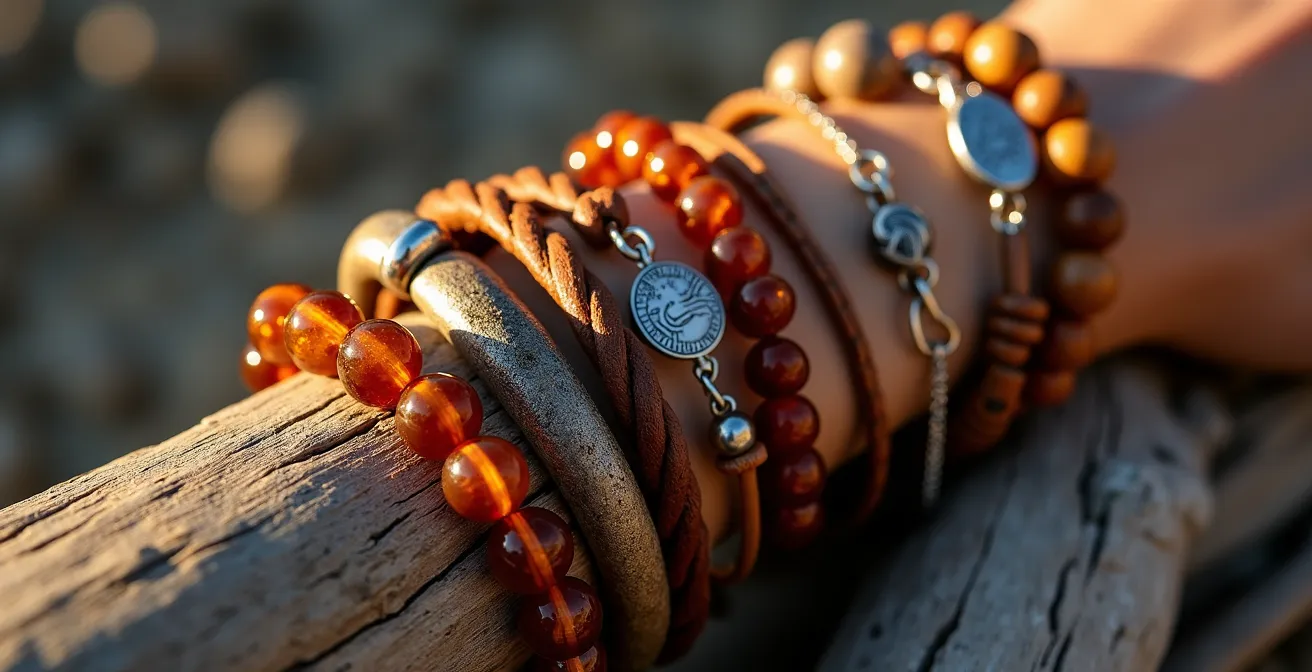 Verschiedene Armbänder mit symbolischen Anhängern und persönlichen Gravuren