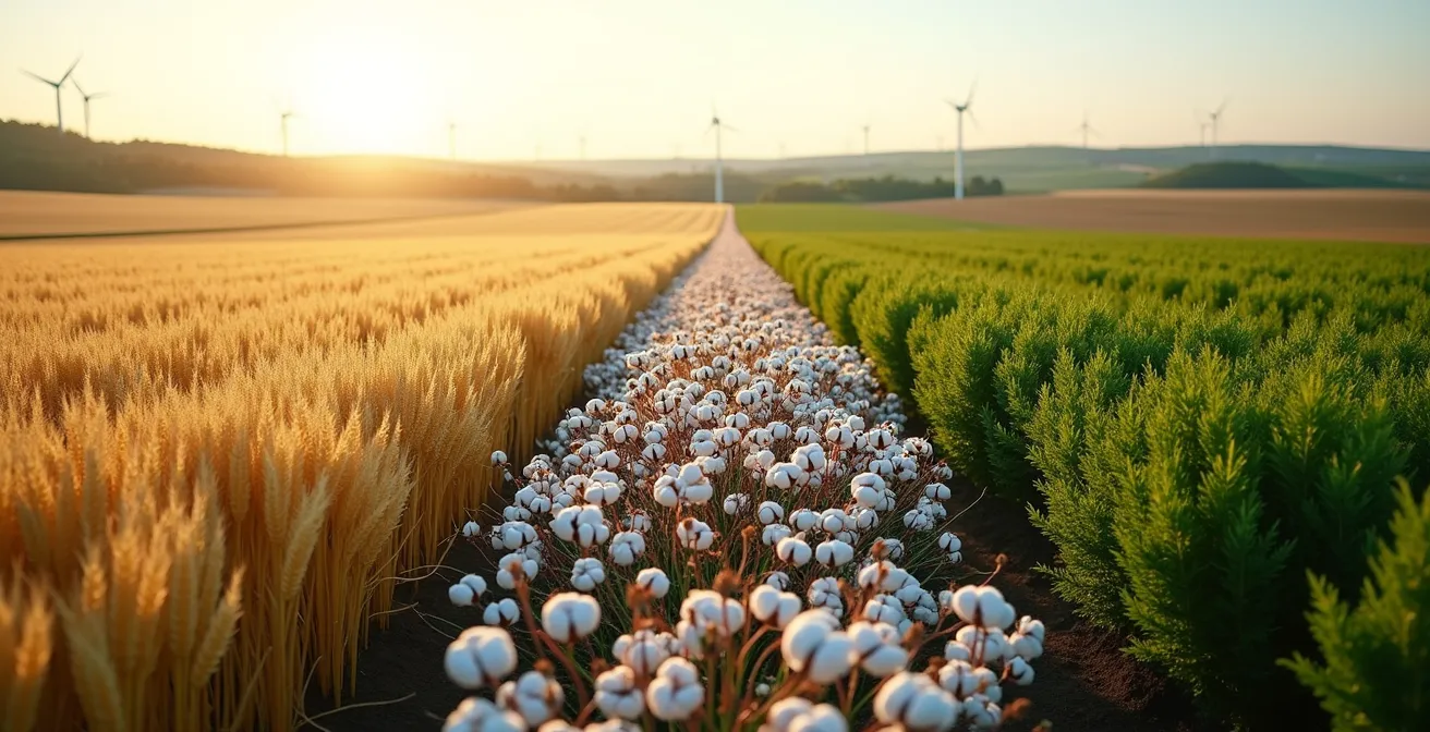 Makroaufnahme verschiedener pflanzlicher Textilfasern im direkten Vergleich, die die unterschiedlichen Strukturen von Baumwolle, Leinen und Hanf zeigt.