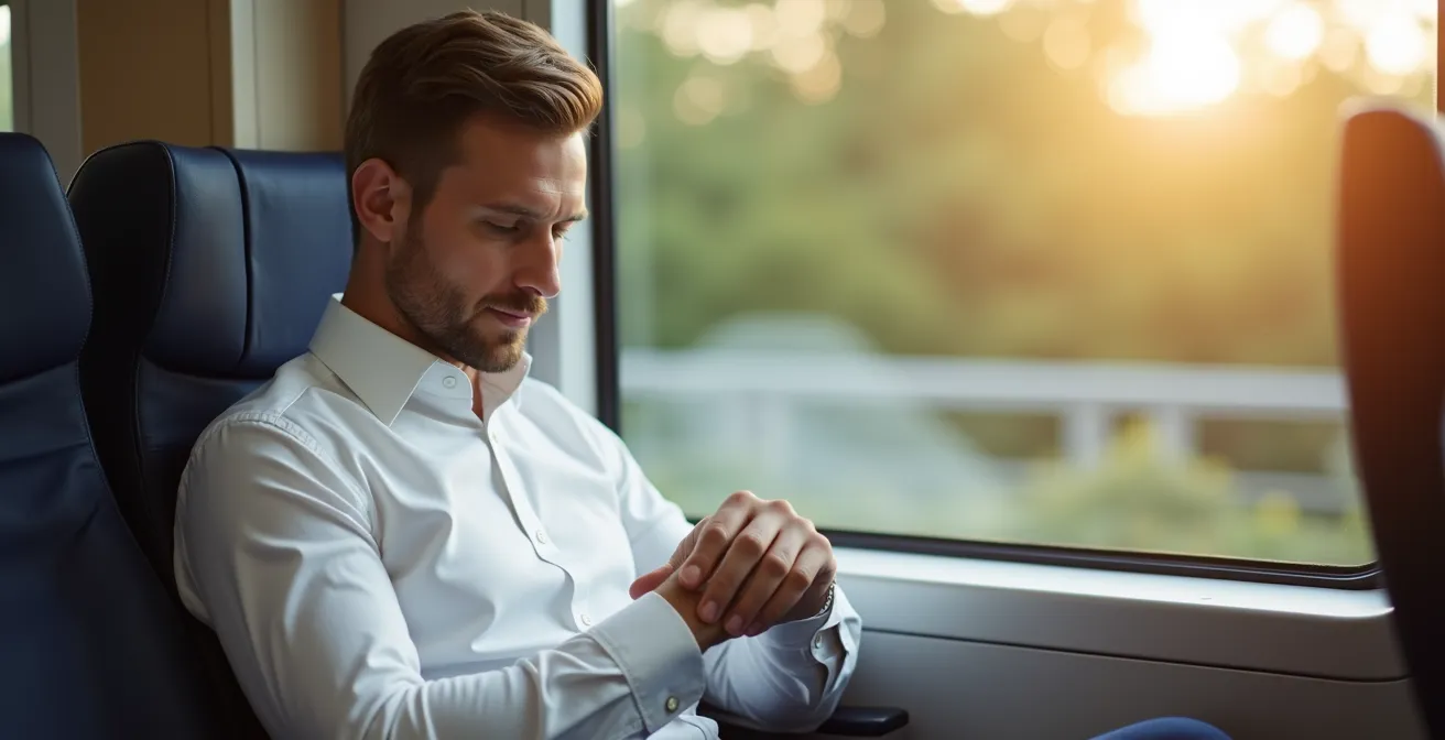 Ein selbstbewusster Geschäftsmann in einem makellos glatten, bügelfreien Hemd sitzt entspannt in einem deutschen ICE-Zug.