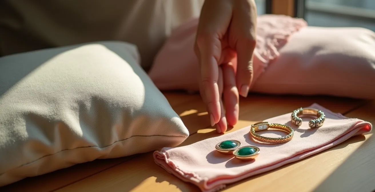 Nahaufnahme einer Hand, die zwischen drei verschiedenen Statement-Accessoires wählt