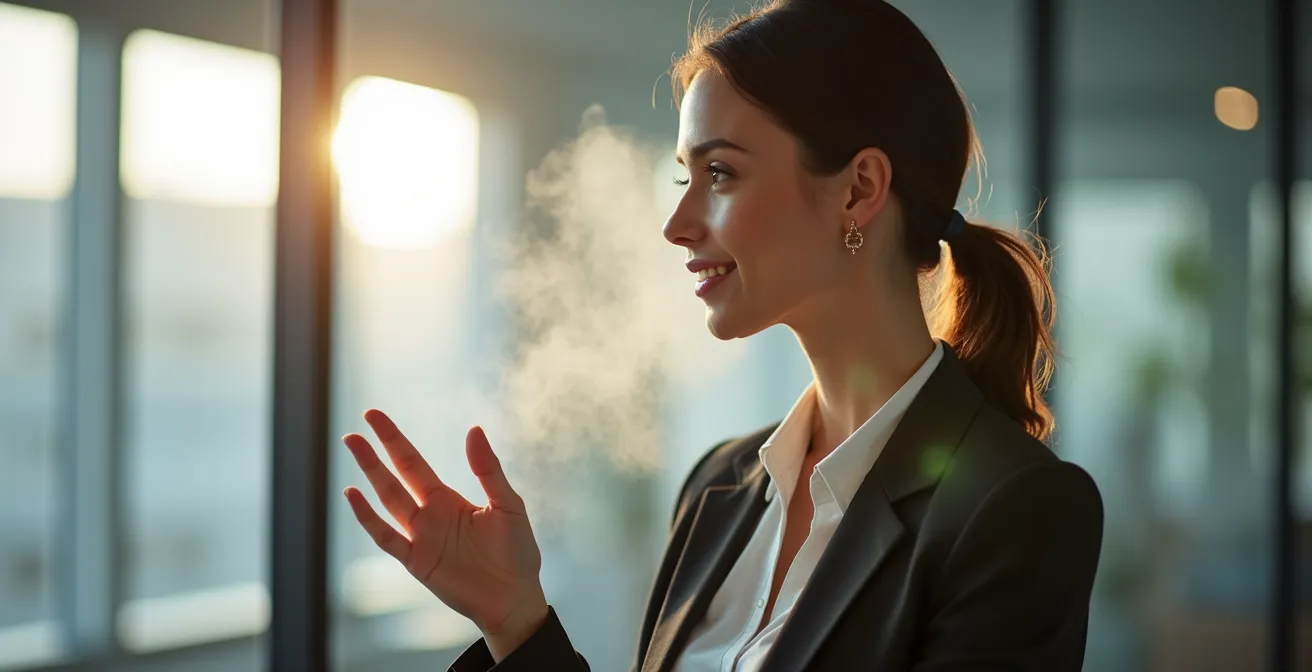 Elegante Geschäftsfrau mit dezenter Gestik in modernem Büro, umgeben von unsichtbarer Aura