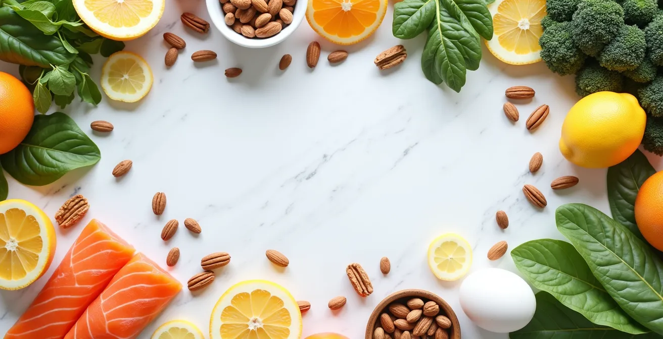 Frische Lebensmittel reich an Vitaminen und Mineralien für gesunde Kopfhaut und Haare