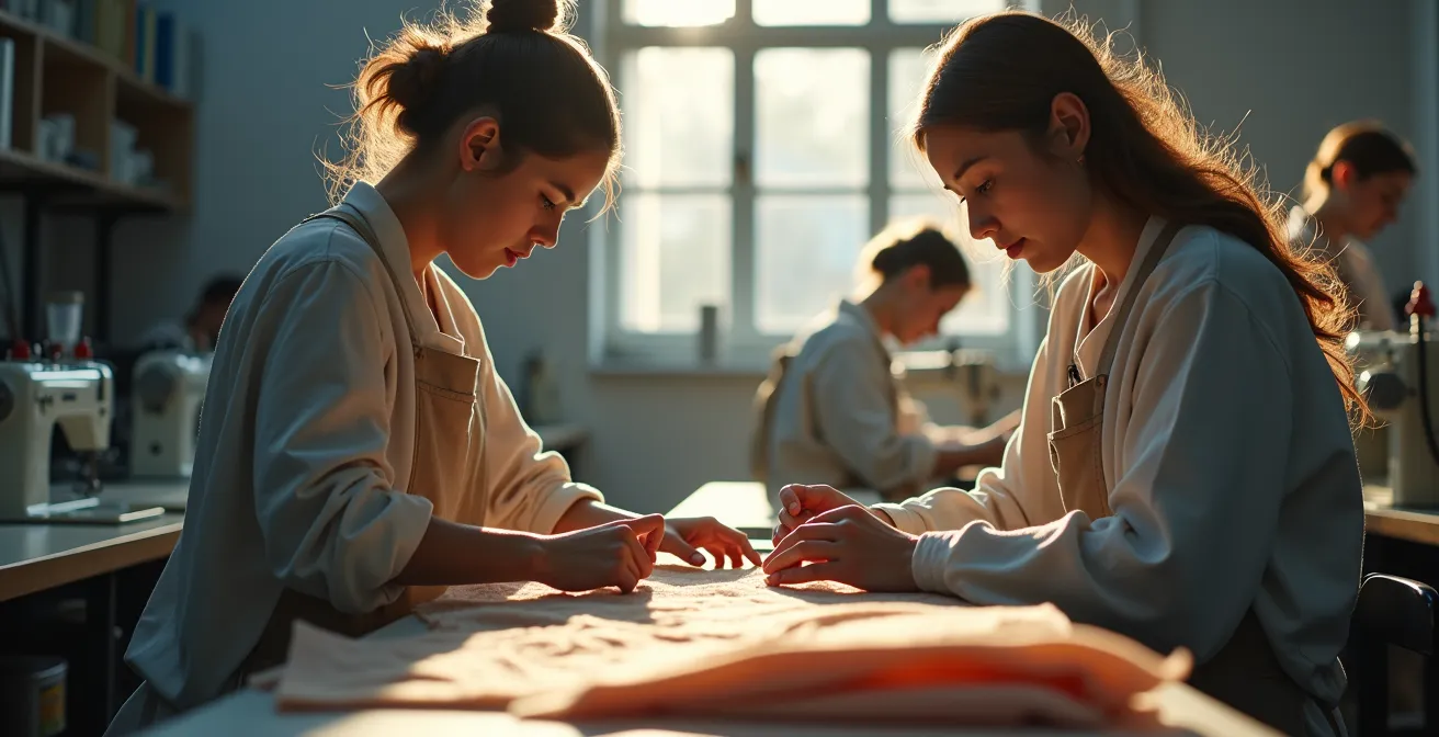 Arbeiterinnen in einer hellen europäischen Textilfabrik bei präziser Handarbeit