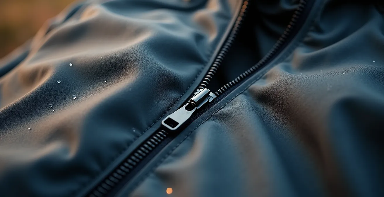 Detaillierte Ansicht funktionaler Kleidungsdetails wie wasserabweisender Stoff und versiegelter Reißverschluss.