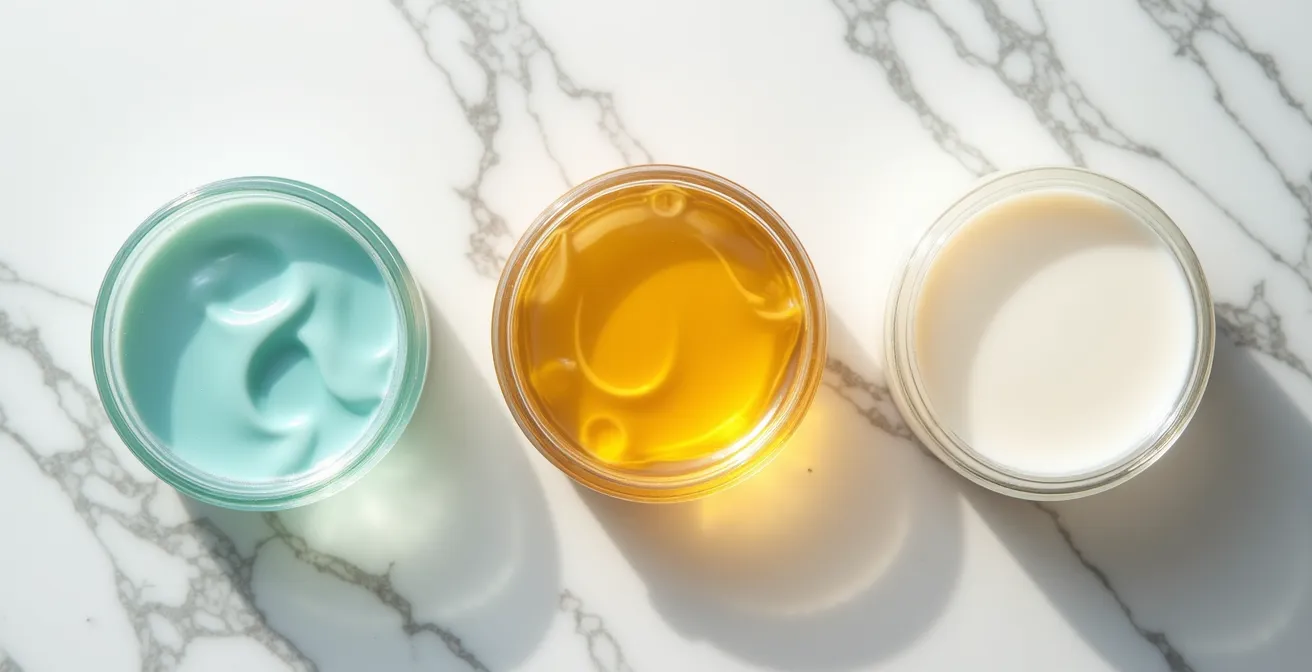 Verschiedene Reinigungstexturen wie Gel, Öl und Milch in minimalistischer Darstellung auf einer Marmoroberfläche