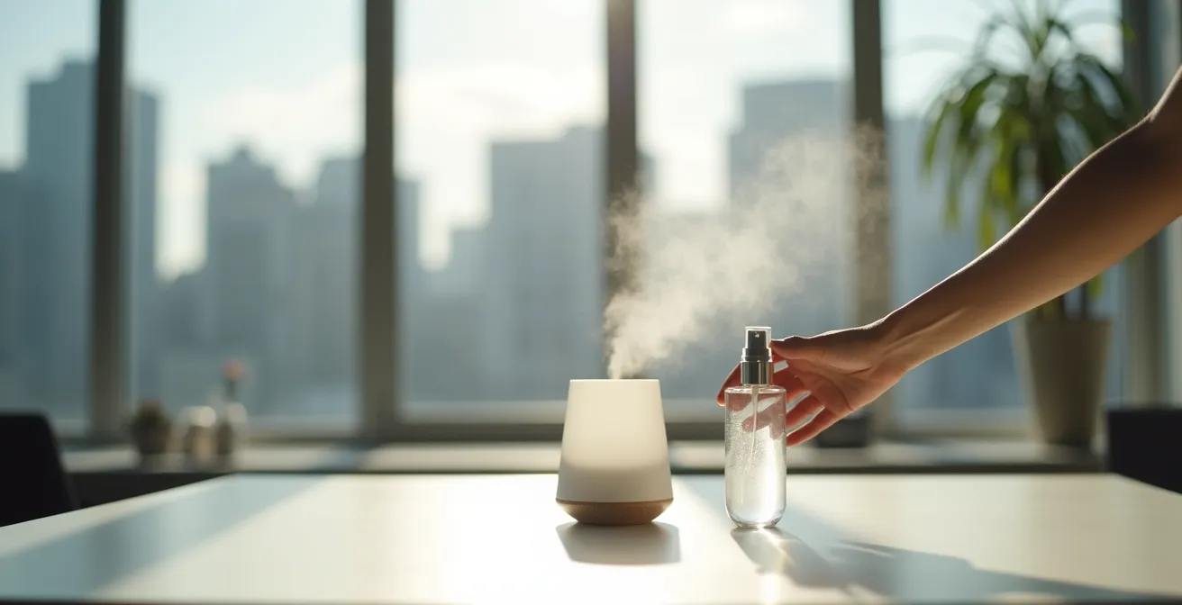 Erfrischende Gesichtspflege mit Feuchtigkeitsspray im modernen Büroumfeld