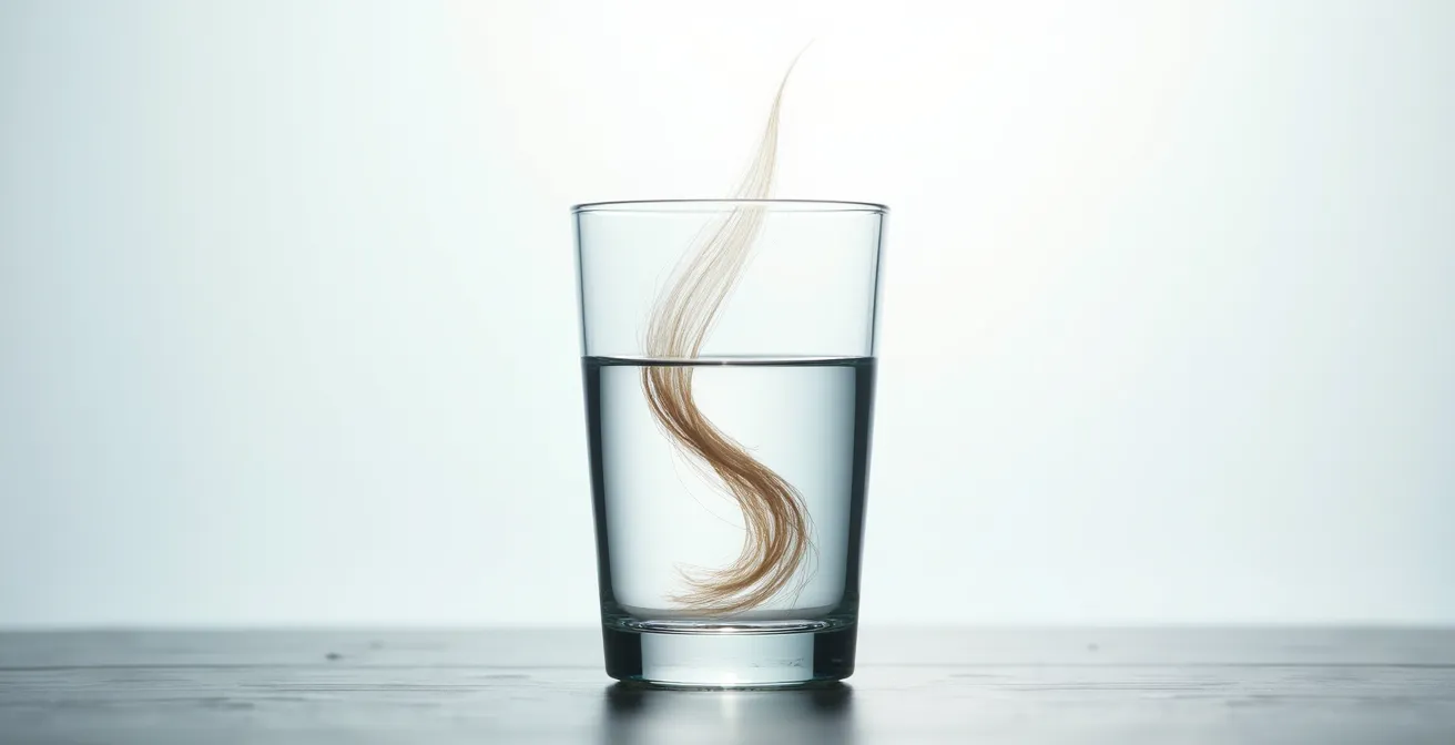 Nahaufnahme eines Wasserglases mit schwebendem Haar für den Porositätstest