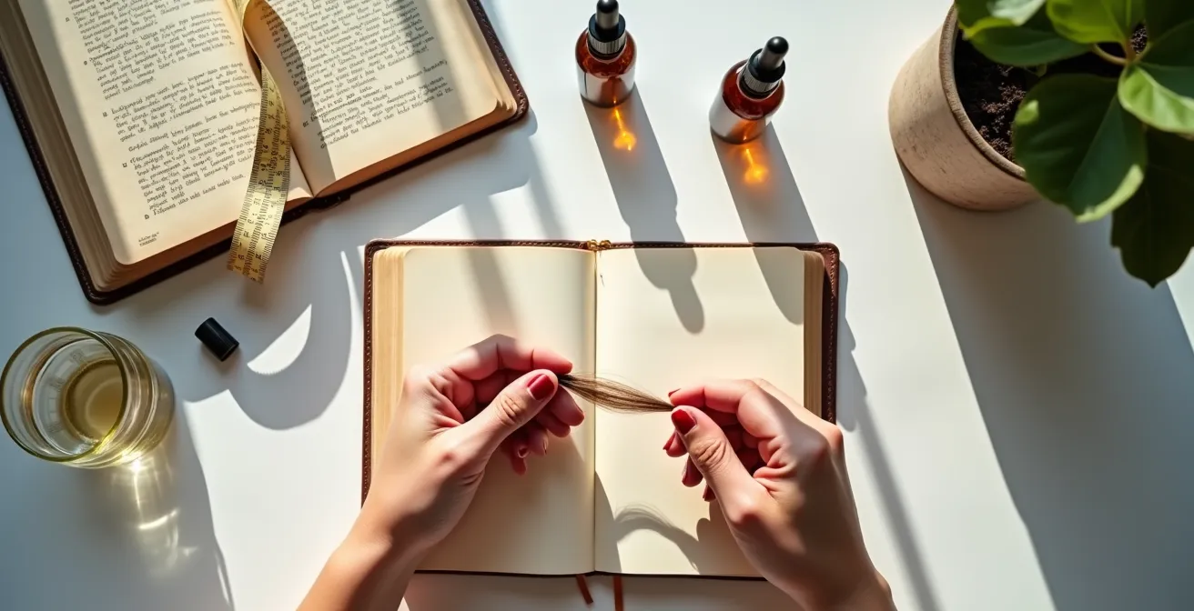 Eleganter Schreibtisch mit Haar-Tagebuch und Testutensilien für die Haaranalyse