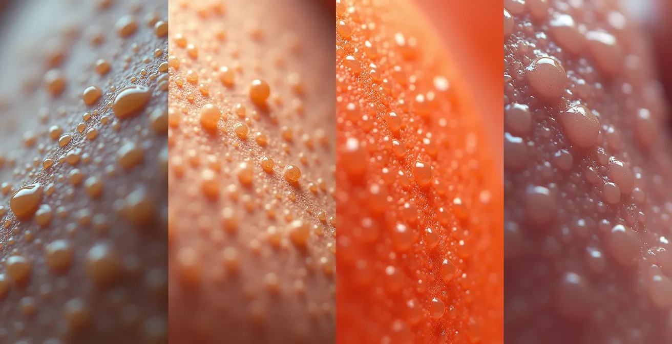 Makroaufnahme verschiedener Hauttexturen und -zustände nebeneinander, die Trockenheit, Glanz, Rötungen und normale Haut zeigen