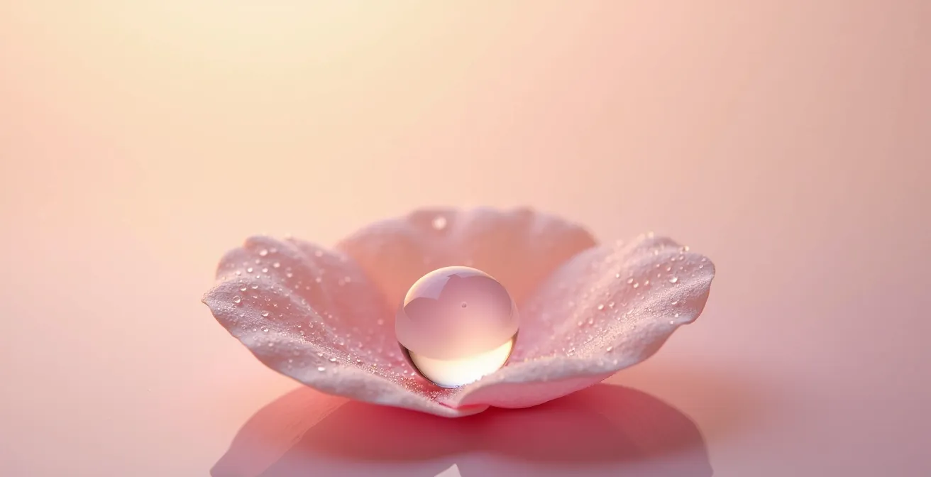 Ein einzelner Tautropfen ruht auf einem Rosenblütenblatt und symbolisiert perfekte Hydratation.