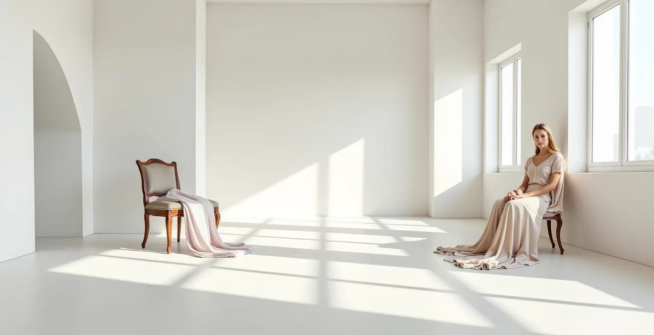 Minimalistische Darstellung verschiedener Stilelemente in einem galerieartigen Raum, die unterschiedliche Stil-Methoden symbolisieren.