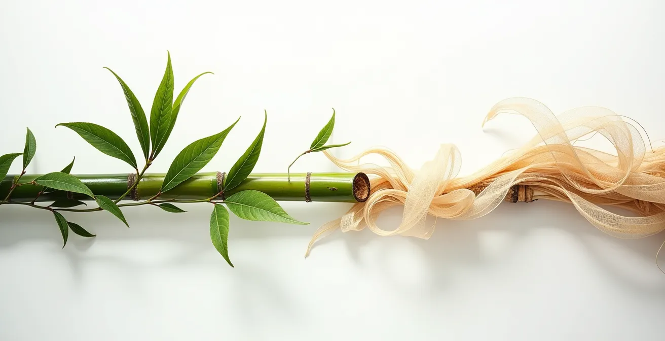 Symbolische Darstellung innovativer Naturmaterialien wie Eukalyptusblätter, die sich in seidige Textilfäden verwandeln.