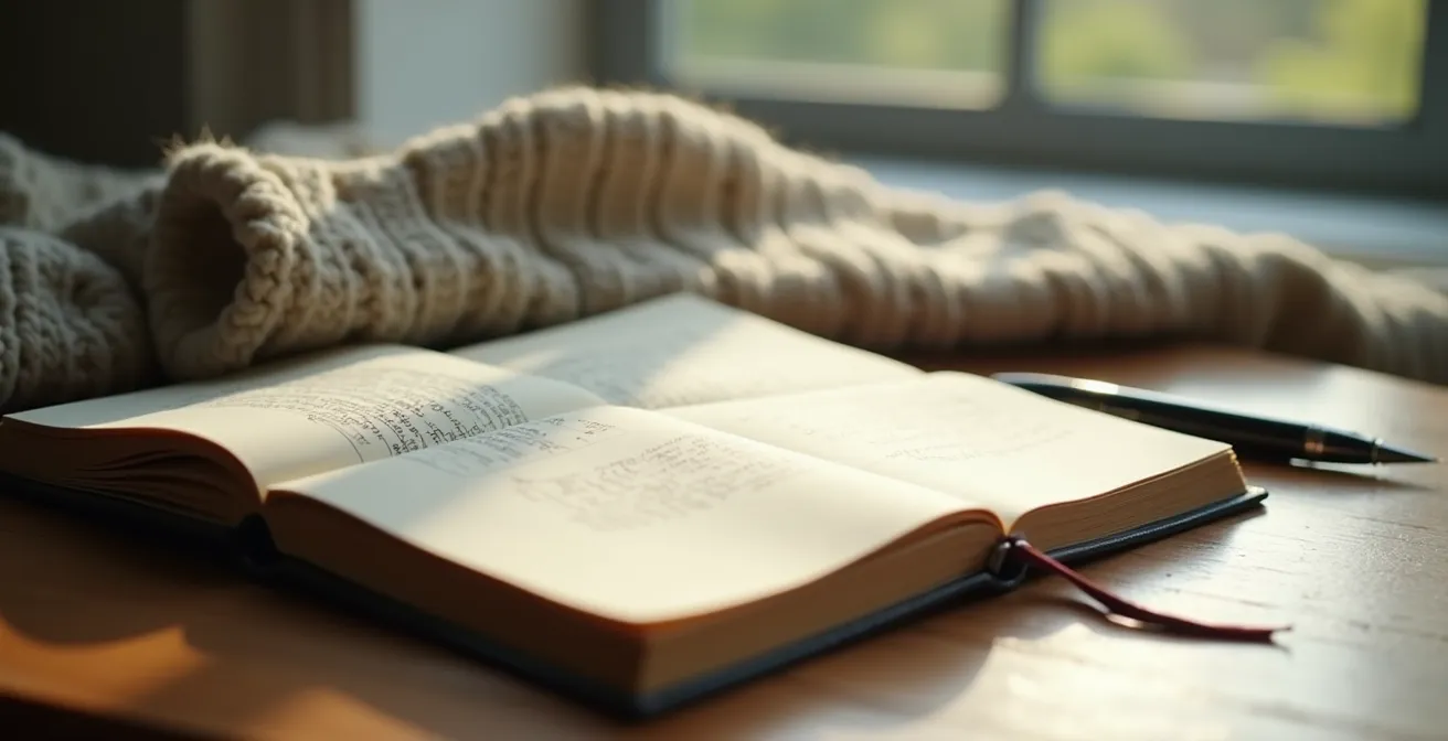 Ein aufgeschlagenes Notizbuch mit handschriftlichen Einträgen neben einem vintage Kleidungsstück