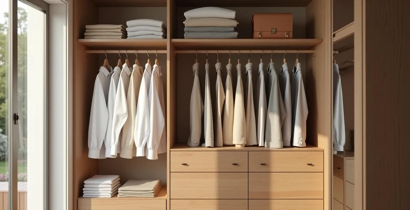 Weitwinkelaufnahme eines aufgeräumten Kleiderschranks mit sorgfältig arrangierten Kleidungsstücken
