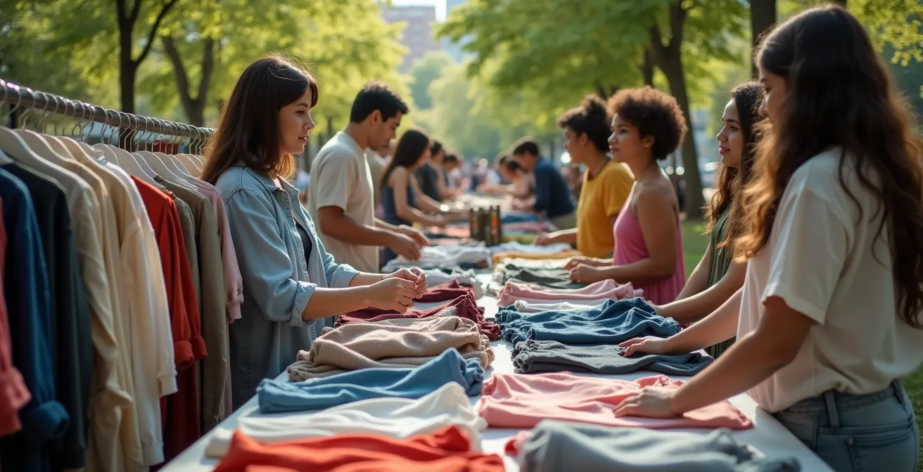 Menschen verschiedenen Alters tauschen Kleidung bei einer Community-Veranstaltung im Freien