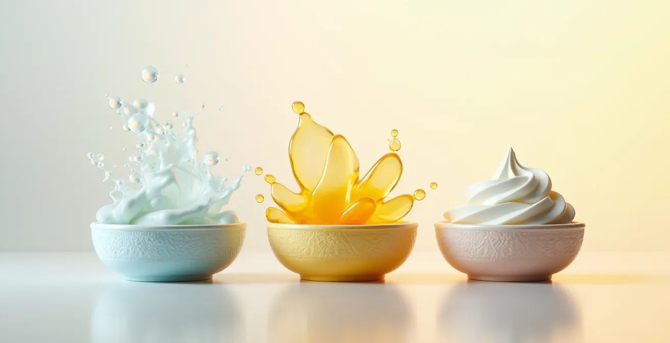 Dreistufige Haarpflege-Methode mit den Texturen von Flüssigkeit (Liquid), Öl (Oil) und Creme (Cream) in einer künstlerischen Anordnung.